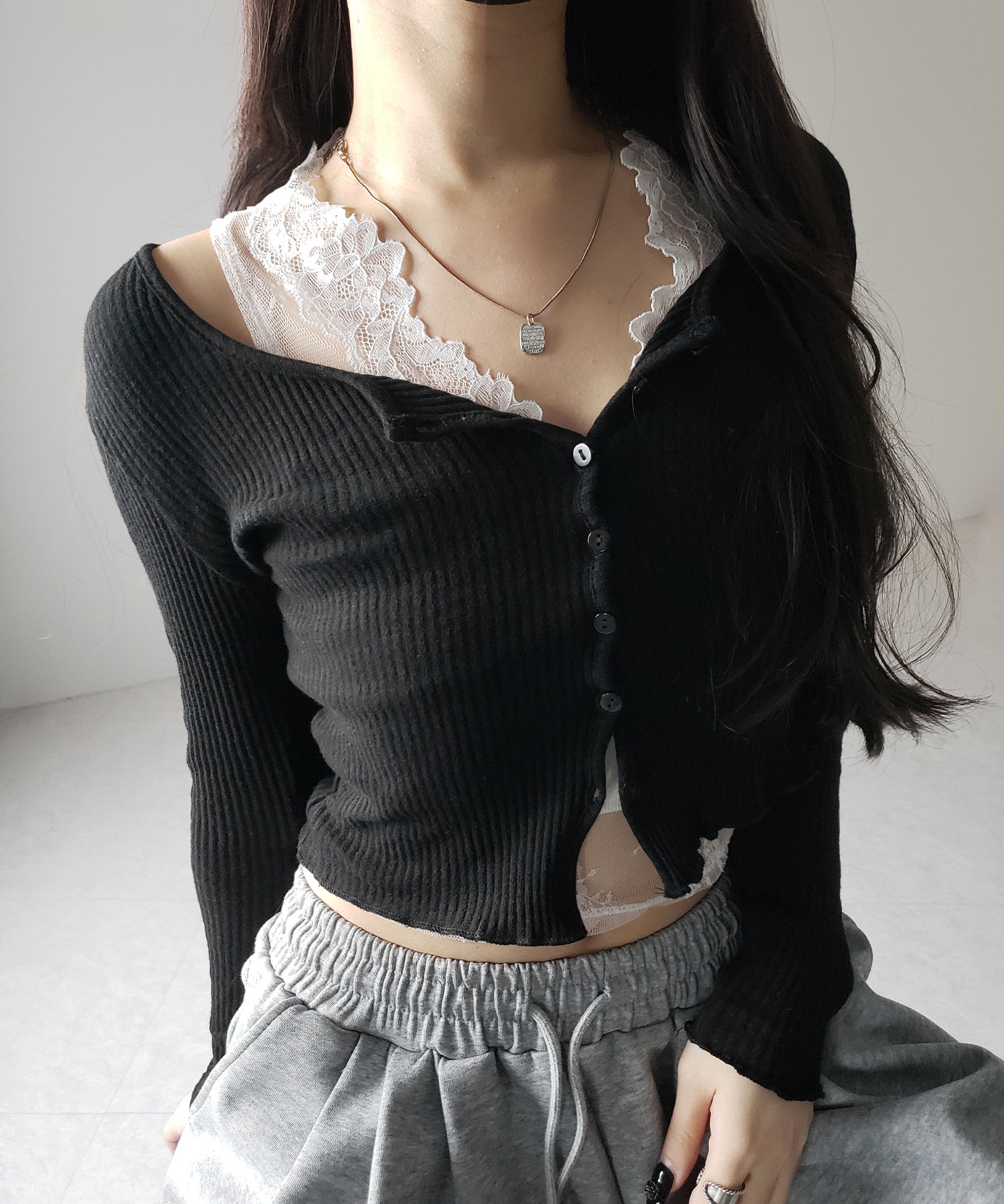 【 2点セット 】レイヤードレースシアーリブカットソーカーディガン / layered lace sheer rib cut and sew cardigan