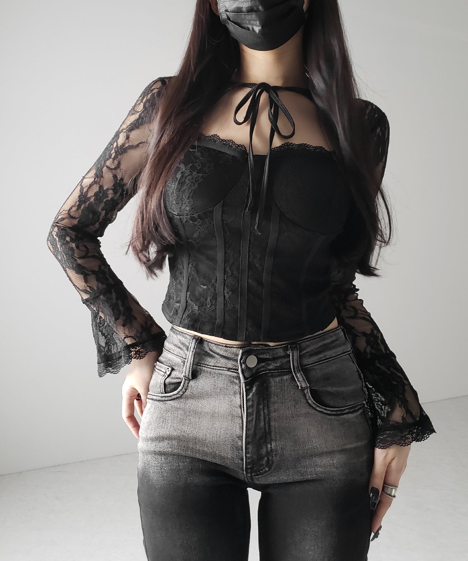 【 2color 】チョーカーネックリボンコルセットレーストップス / choker neck ribbon corset lace tops