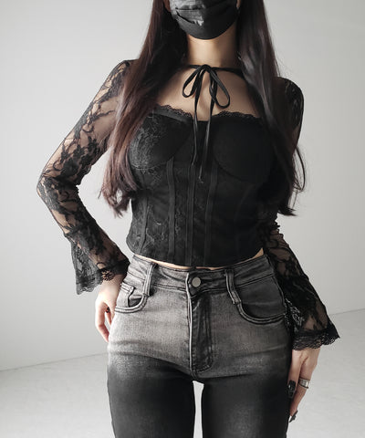 チョーカーネックリボンコルセットレーストップス / choker neck ribbon corset lace tops