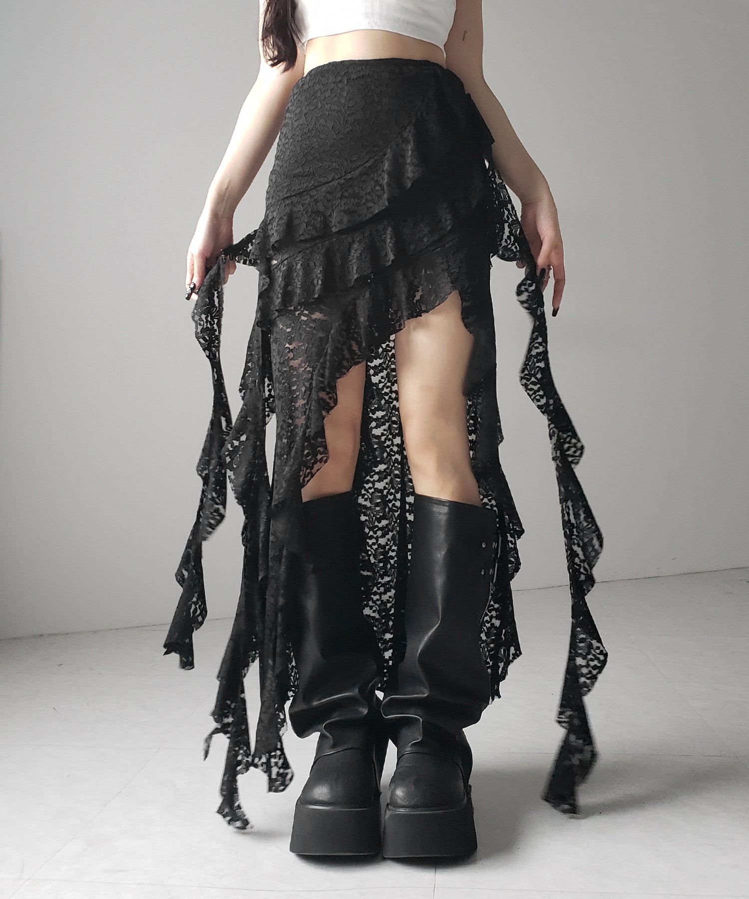 【 裏地付 】アシンメトリーフリルレーススリットロングスカート / asymmetry frill lace slit long skirt