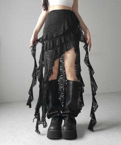 【 裏地付 】アシンメトリーフリルレーススリットロングスカート / asymmetry frill lace slit long skirt