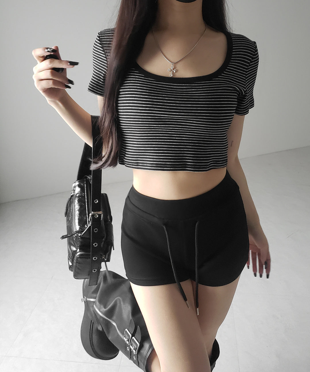 ピンボーダースクエアネックショートTシャツ / pin border square neck short T-shirt