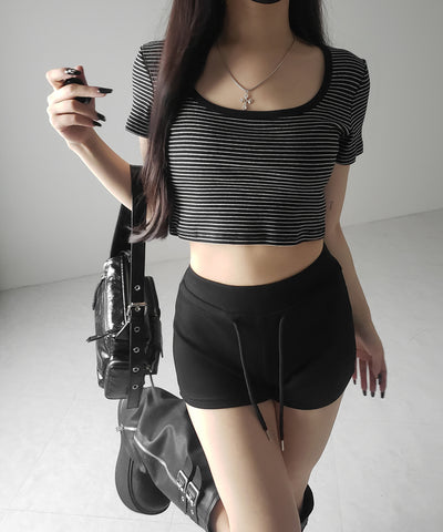 ピンボーダースクエアネックショートTシャツ / pin border square neck short T-shirt