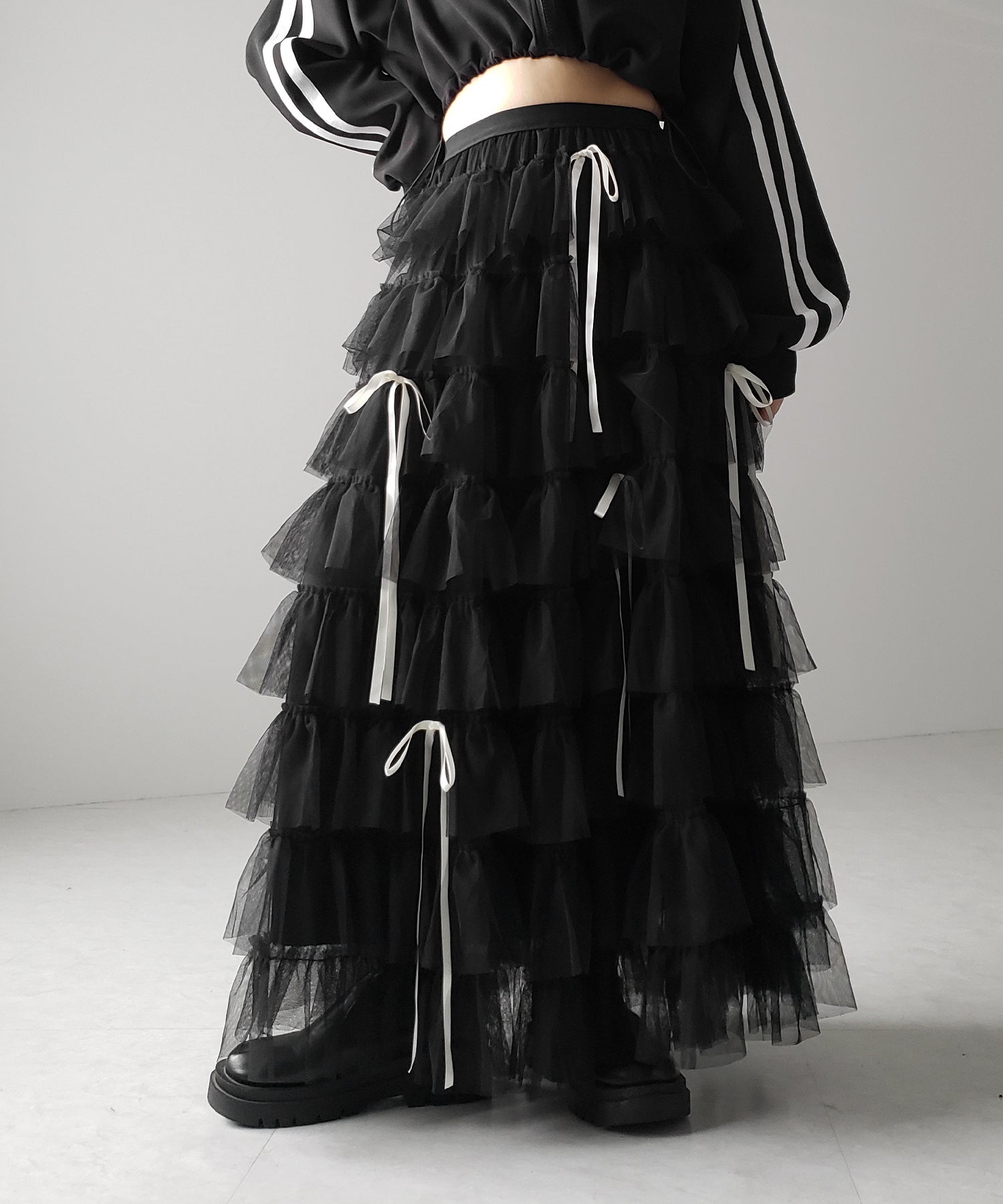 【 新色ピンク追加!/5color 】ストラップリボンバレエコアチュールスカート /strap ribbon ballet core tulle skirt
