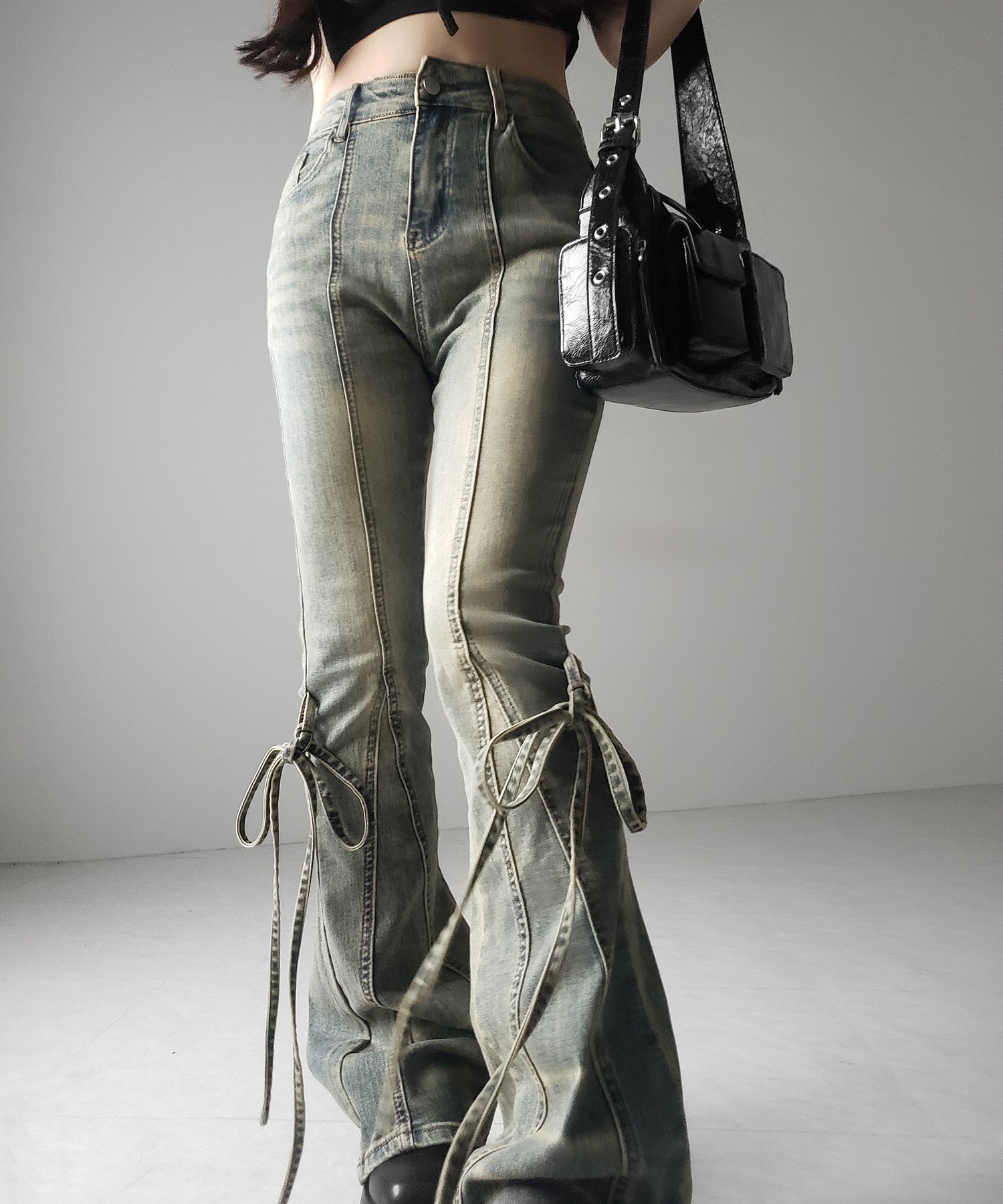【 2color / 4size 】ストラップリボンヴィンテージストレッチフレアデニム / strap ribbon vintage stretch flare denim