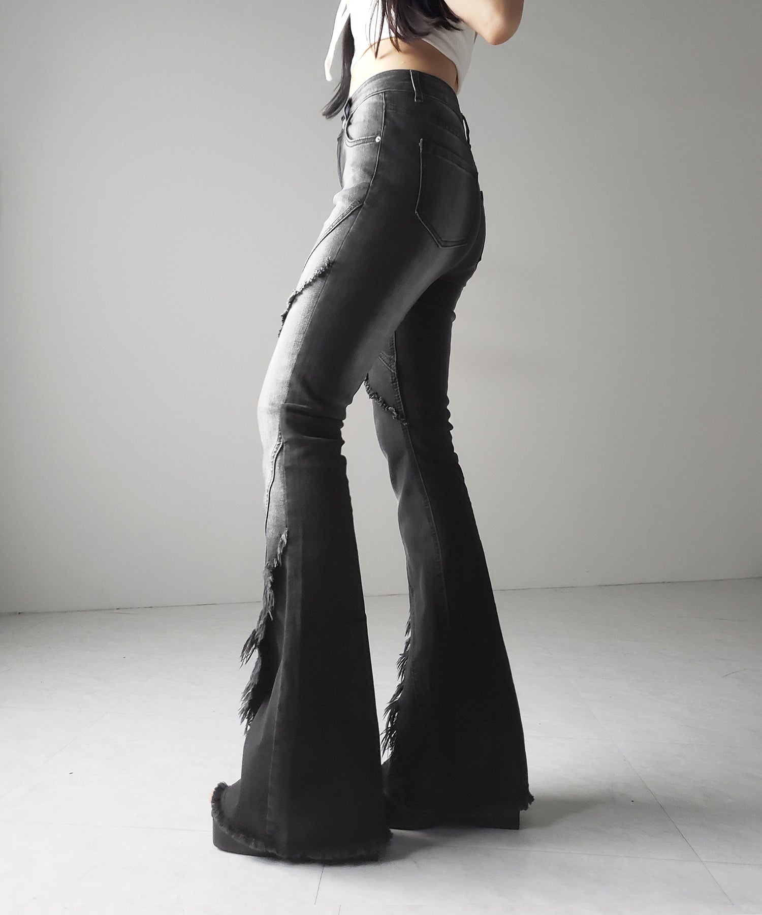 【 2color / 4size 】フリンジデザインヴィンテージライクストレッチフレアデニム / fringe design vintage-like stretch flare denim