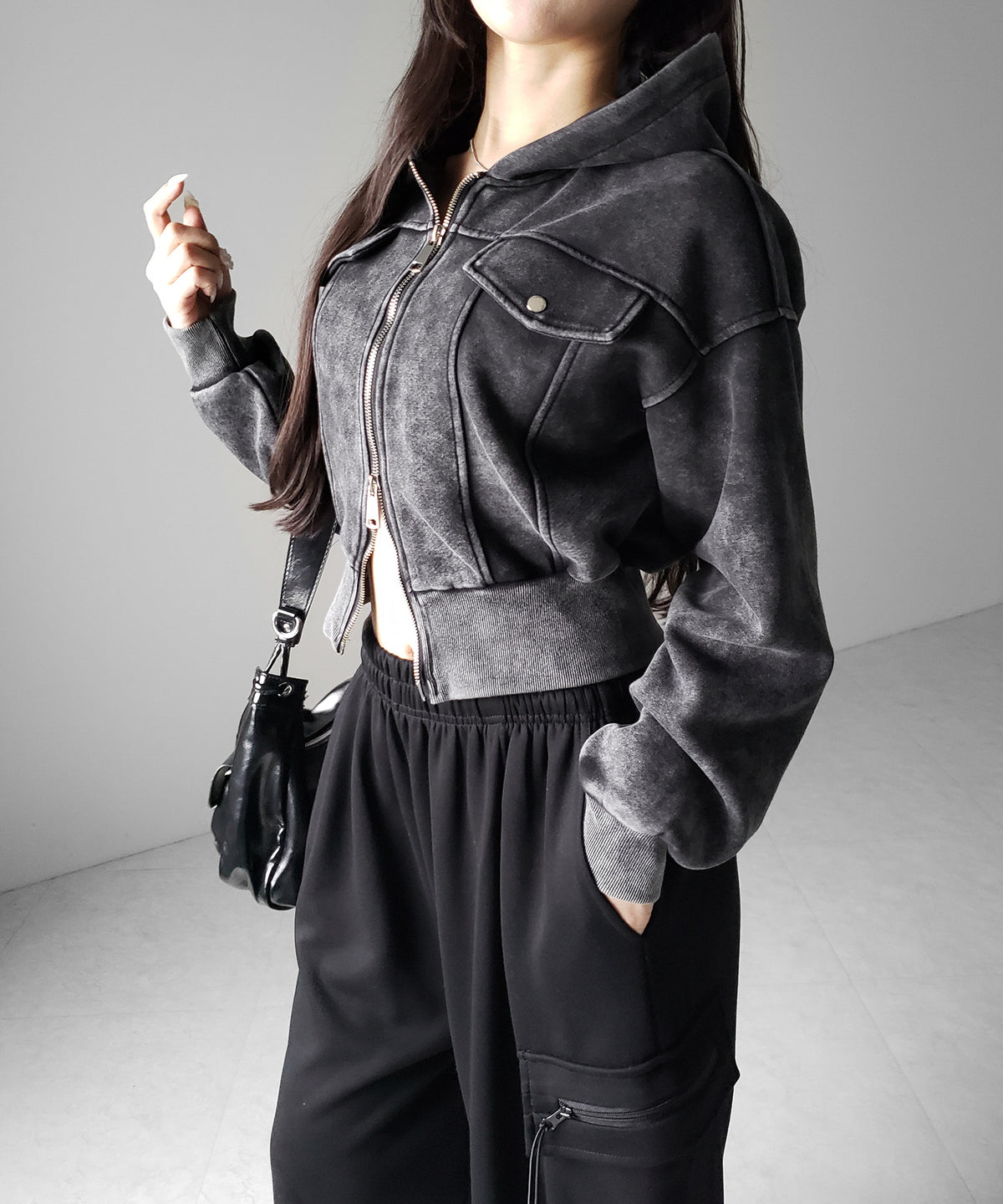 ピグメントダブルジップショートパーカー / pigment double zip short hoodie