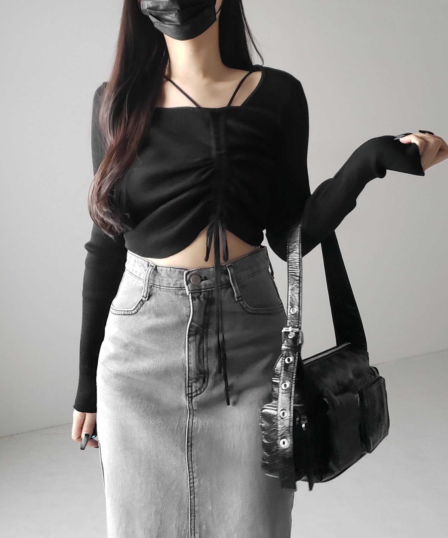 ダブルストラップシャーリングリボンリブニットトップス / double strap shirring ribbon ribbed knit tops