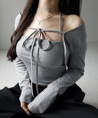【 2点セット 】フロントリボン長袖ショートカーディガン+ ホルターキャミソール SET / front ribbon longsleeve short cardigan + halter camisole SET