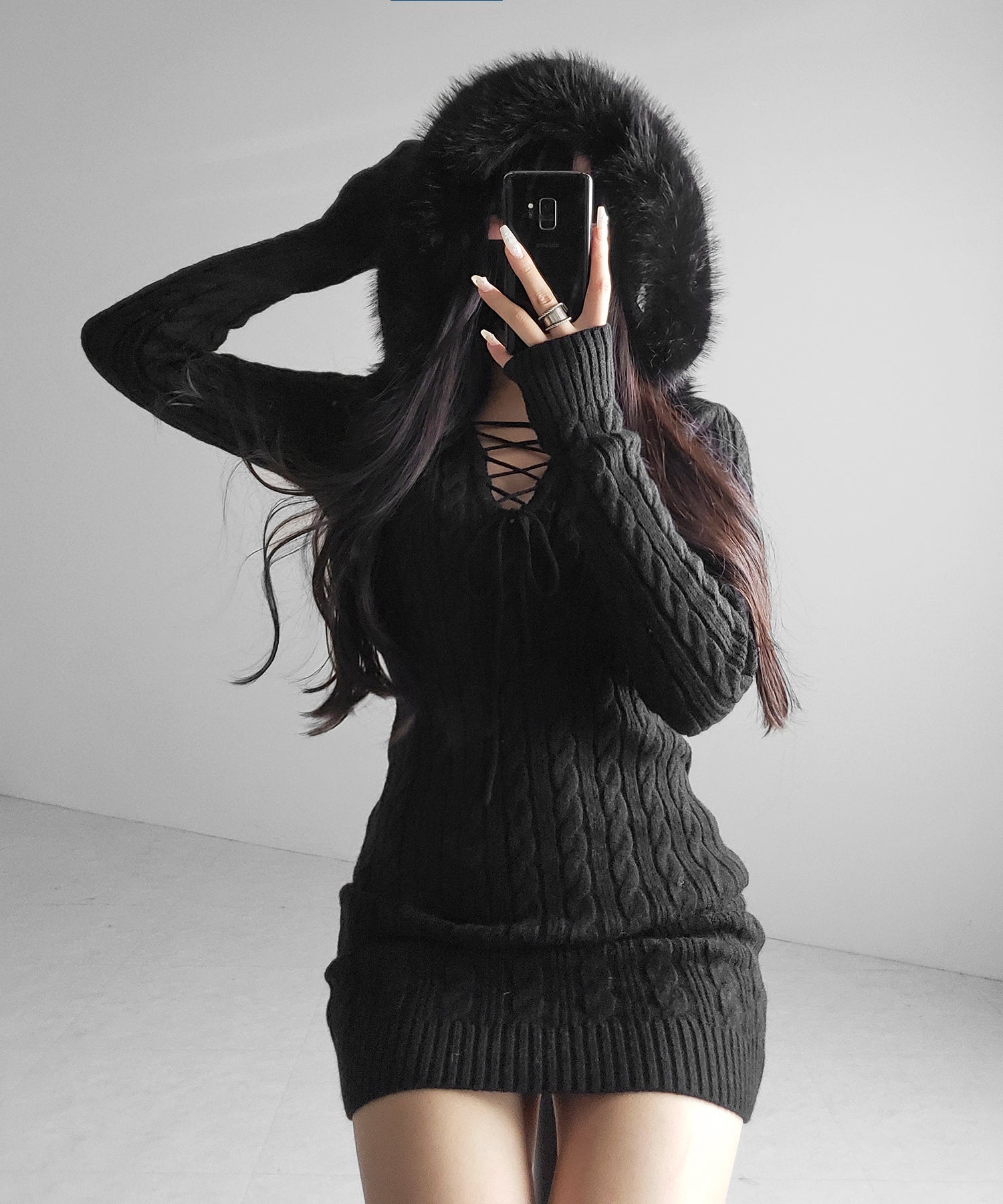 ファーフーディレースアップレディニットミニワンピース / fur hoodie lace up lady knit mini onepiece