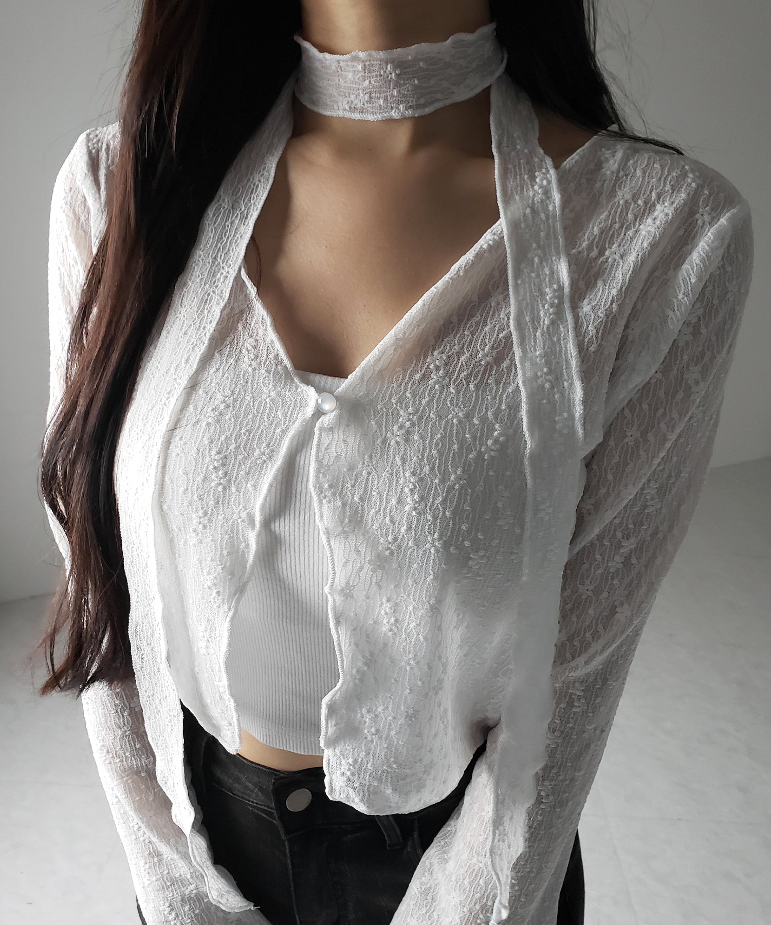 【 2color / 2WAY 】チョーカーロングタイ付きショートシアーカーディガン / choker long tie set short sheer cardigan