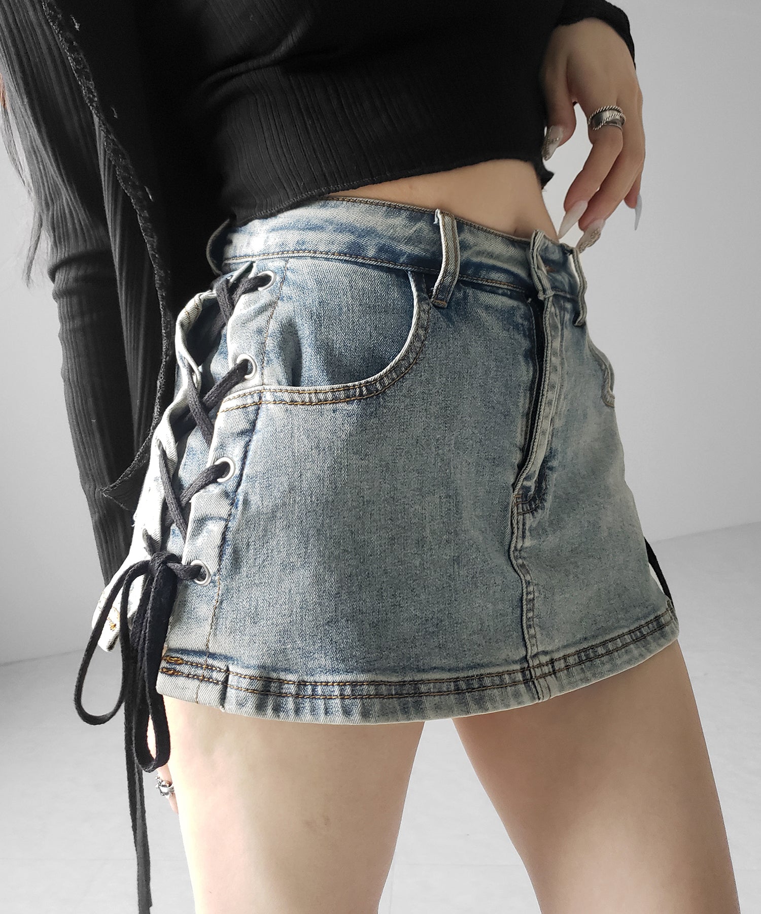 【 インパン裏地付き 】レースアップマイクロデニムミニスカパン / Lace-up micro denim mini skirt pants