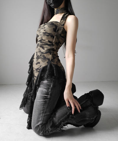 チョーカーロングタイ付き ヴィンテージカモフラレースフリルベアトップス / ( choker long tie SET ) vintage camouflage lace frill bare tops