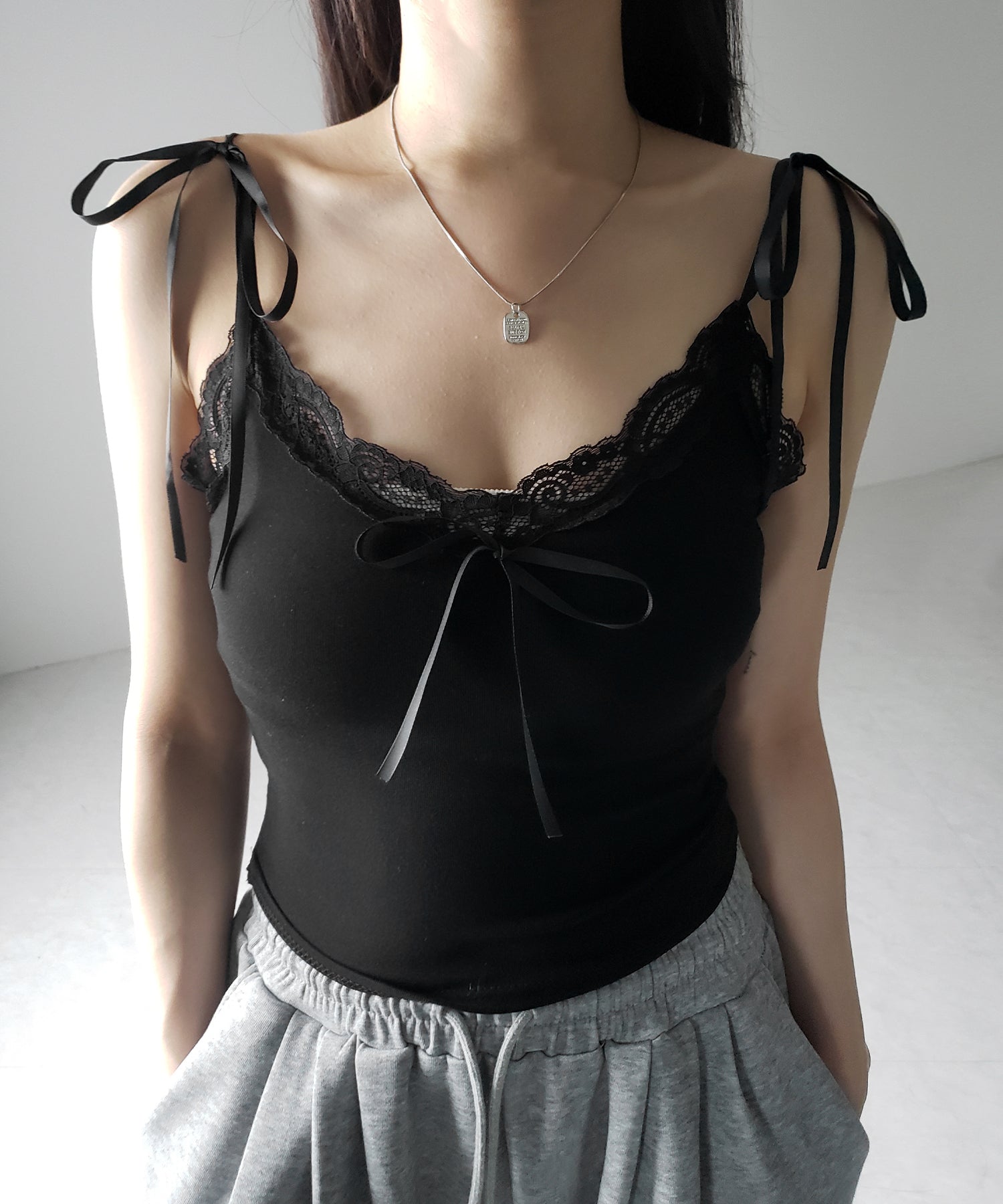 3サテンリボンレースリブキャミソール / three satin ribbon lace lib camisole