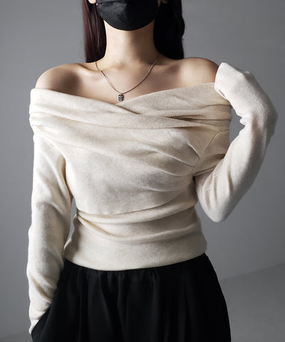 タックデザインドレープオフショルダーリブニット