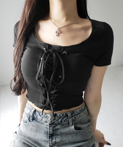 レースアップフロントリボン半袖ショートTシャツ / lace up front ribbon short sleeve short slim T-shirt