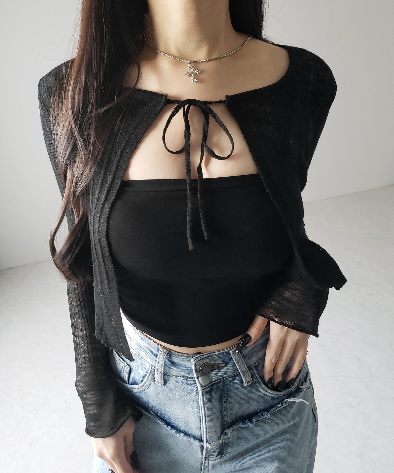 【 2color 】フロントリボンシアーニットショートカーディガン / front ribbon sheer knit short cardigan