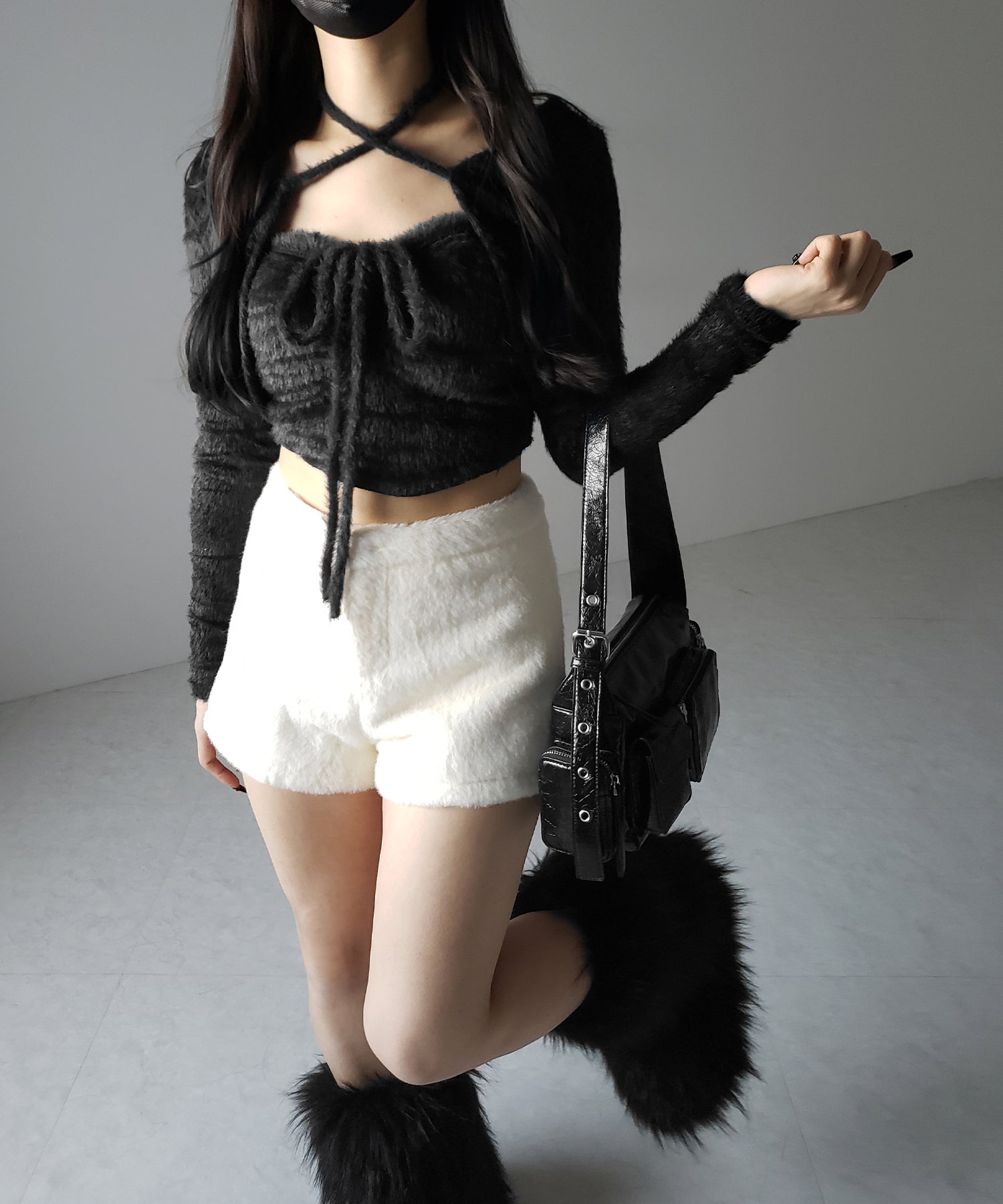 【 2点セット 】シャギーリボンベアトップス & ショートシャギーカーディガン SET / Shaggy ribbon bare tops & short shaggy cardigan