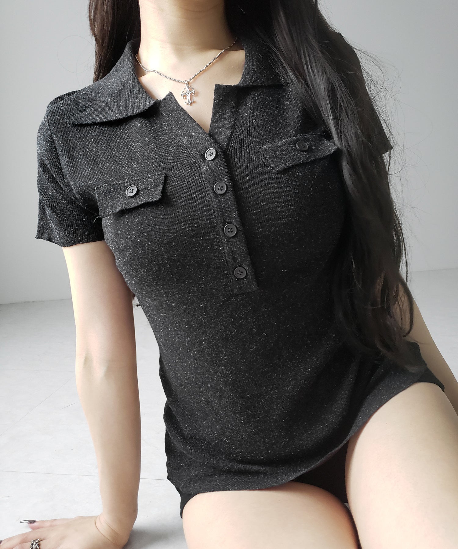 スキッパーボタンロングシアーニットトップス / skipper button long sheer knit tops