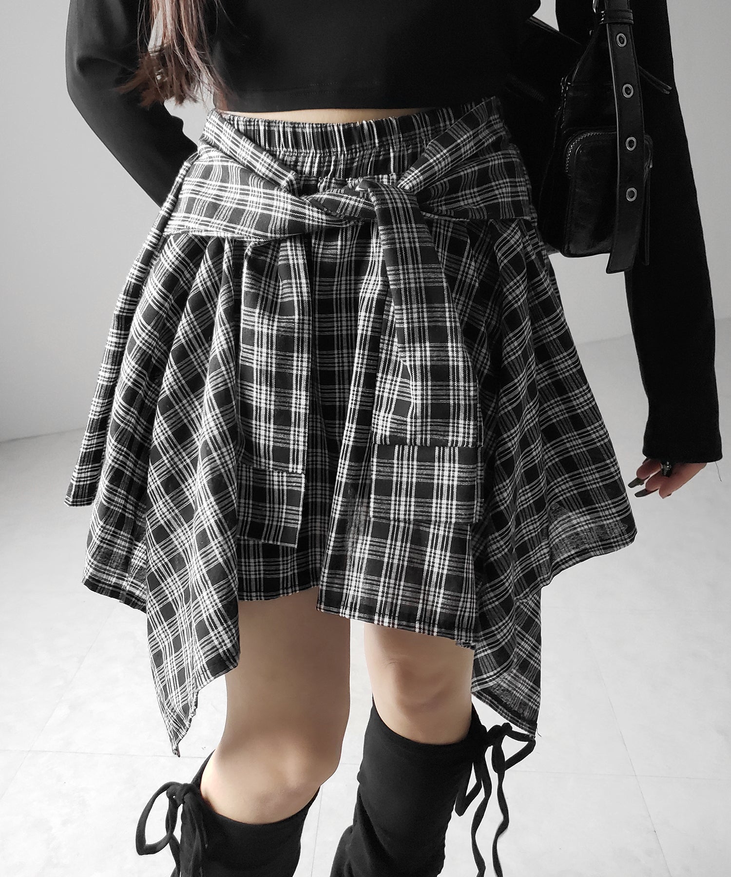【 選べる2素材/インナーパンツ裏地付 】シャツレイヤードチェックミニスカート / shirt layered check mini skirt