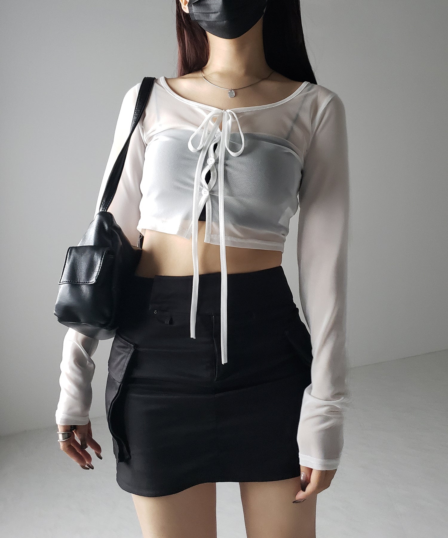 【 3color / 2WAY 】クロスストラップリボンシアーショートカーディガン / cross strap ribbon sheer short cardigan