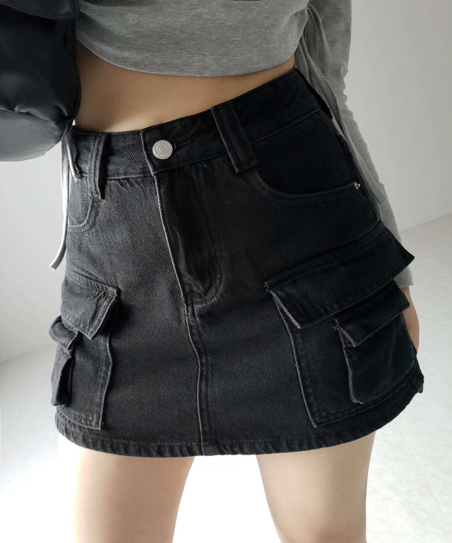 【 3size / 2color 】ダブルポケットヴィンテージカーゴデニムミニスカパン / double pocket vintage cargo denim mini skirt pants