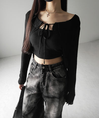 【 2color 】襟付きフロントリボンシアーニットショートカーディガン / collar front ribbon sheer knit short cardigan