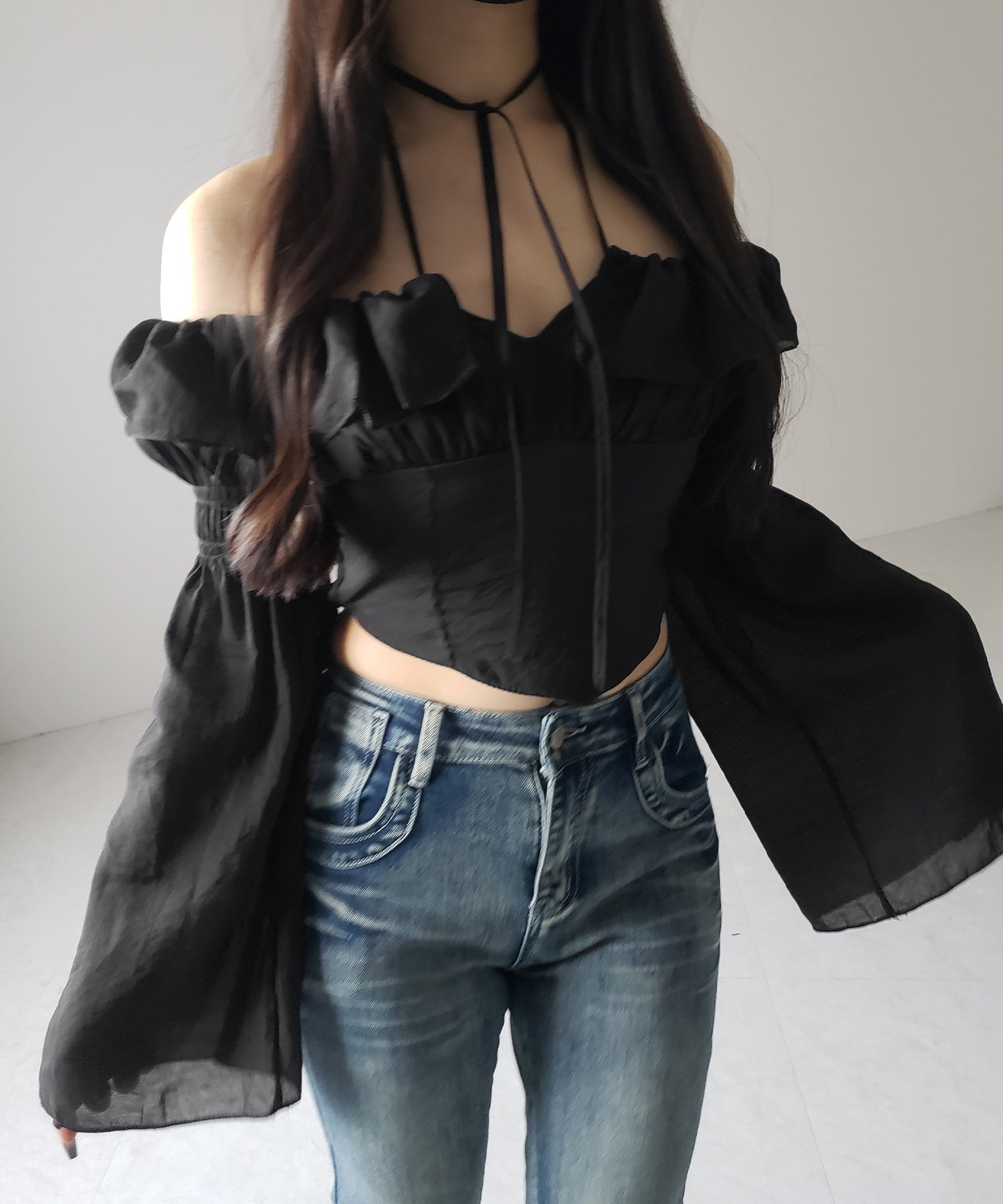 【3WAY 】チョーカーリボンフレアスリーブオフショルブラウス / choker ribbon flare sleeve off-shoulder blouse