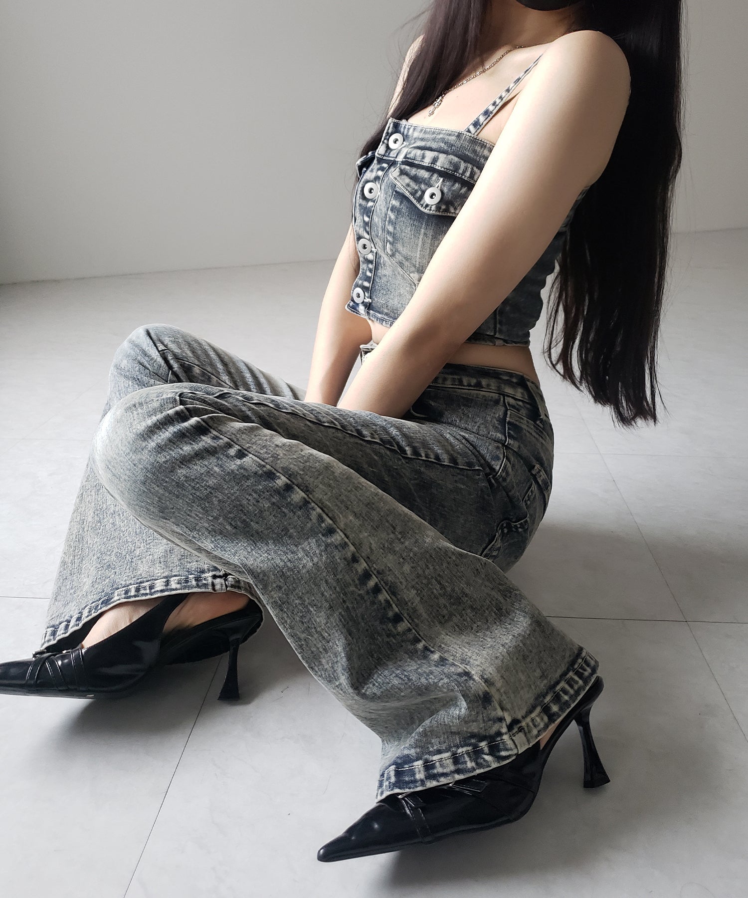 【 セットアップ 】ヴィンテージライクデニムビスチェ + ストレッチフレアデニム SET / 【 SET UP 】 vintage like denim bustier + stretch flare denim