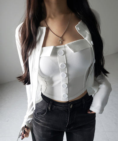 【 2点セット 】フロントボタンベアトップ + クロップドカットソーカーディガン SET / front button bare top + cropped cutsaw cardigan SET