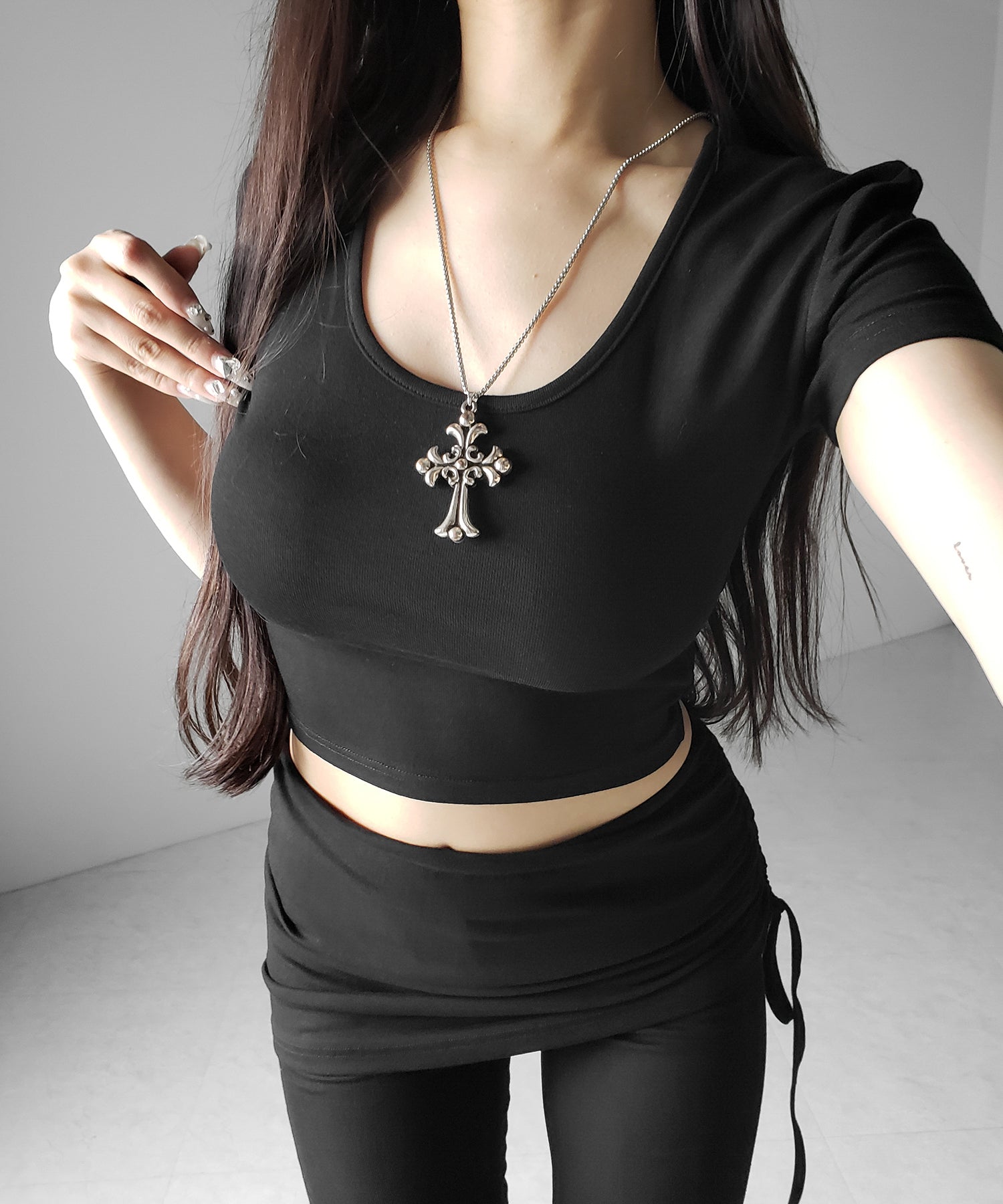 【 ワンホンセットアップ 】スクエアショートTシャツ+サイドシャーリングフレアパンツ SET / 【 SETUP 】square neck short T-shirts + side shirring flare pants