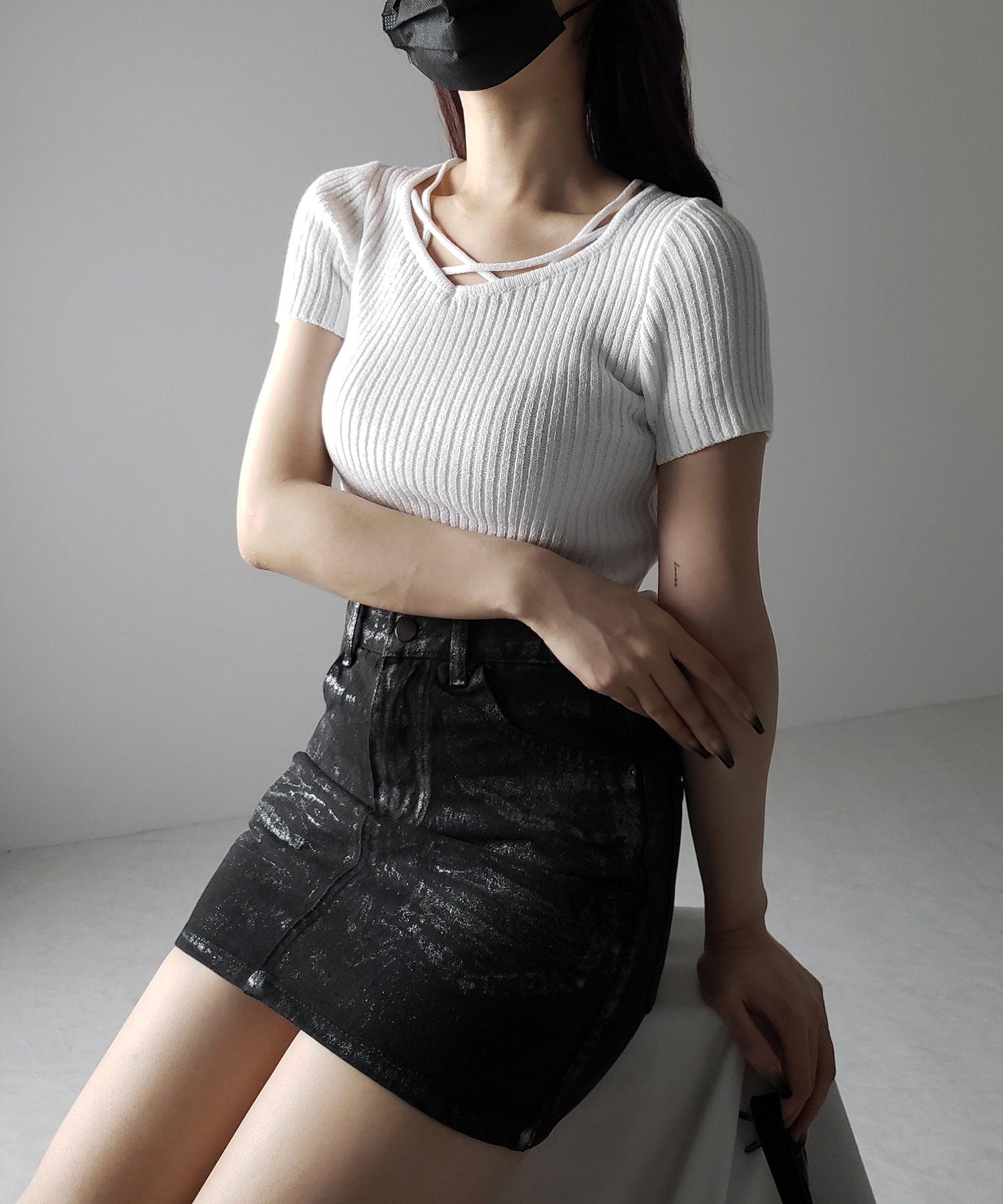 半袖クロスラインストラップデザインリブニット