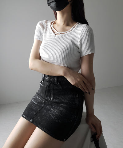 半袖クロスラインストラップデザインリブニット