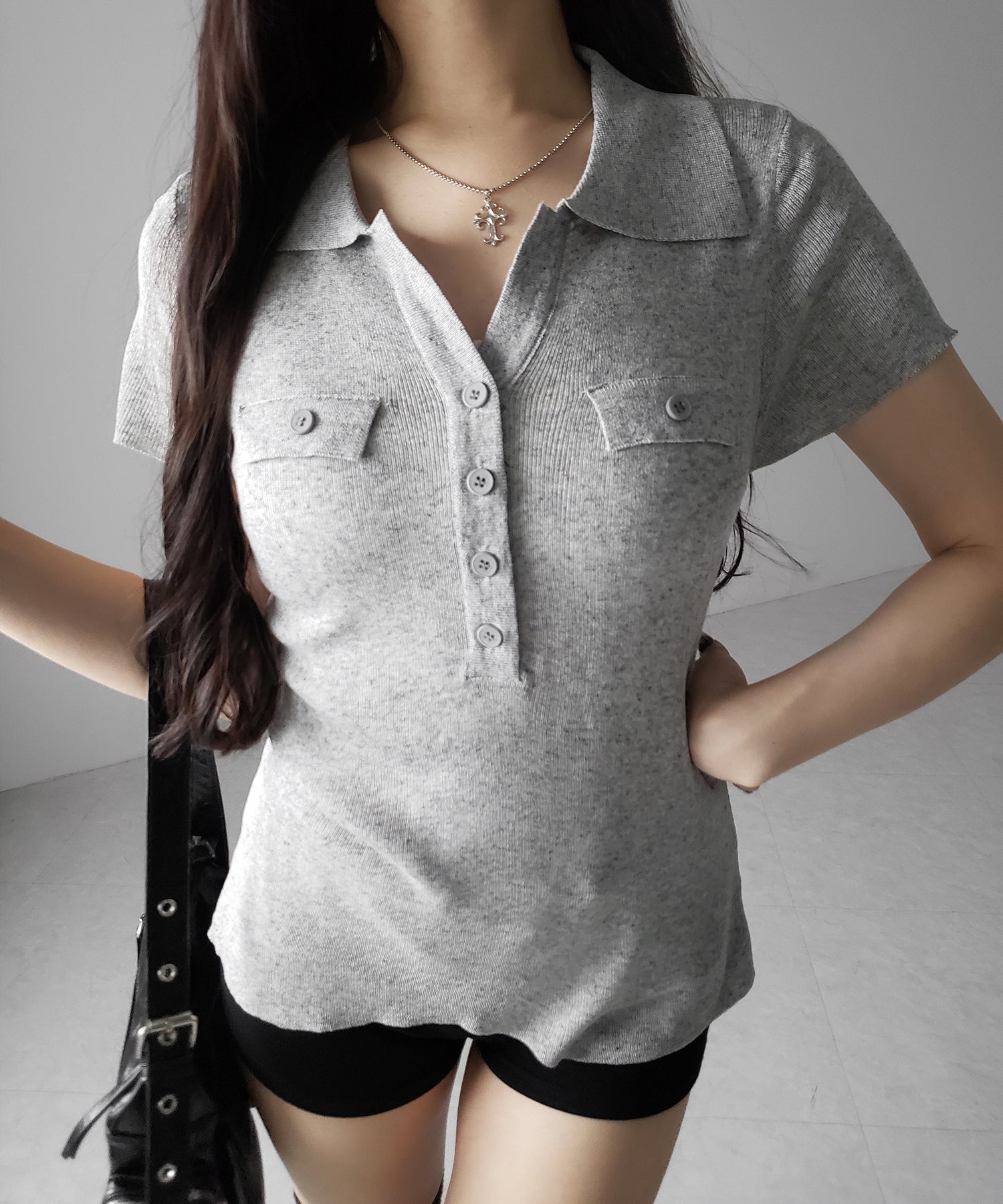 スキッパーボタンロングシアーニットトップス / skipper button long sheer knit tops