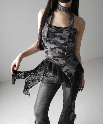 チョーカーロングタイ付き ヴィンテージカモフラレースフリルベアトップス / ( choker long tie SET ) vintage camouflage lace frill bare tops