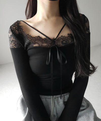 クロスストラップレース切替リブトップス / cross strap lace switching ribbed tops