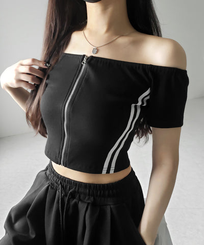 ジップアップオフショルサイドラインTシャツ / zipup off shoulder sideline T-shirt