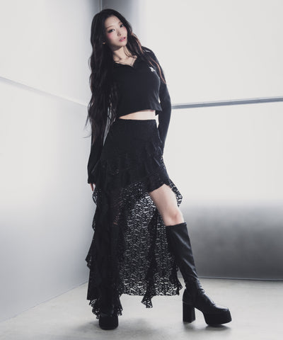 【 裏地付 】アシンメトリーフリルレーススリットロングスカート / asymmetry frill lace slit long skirt