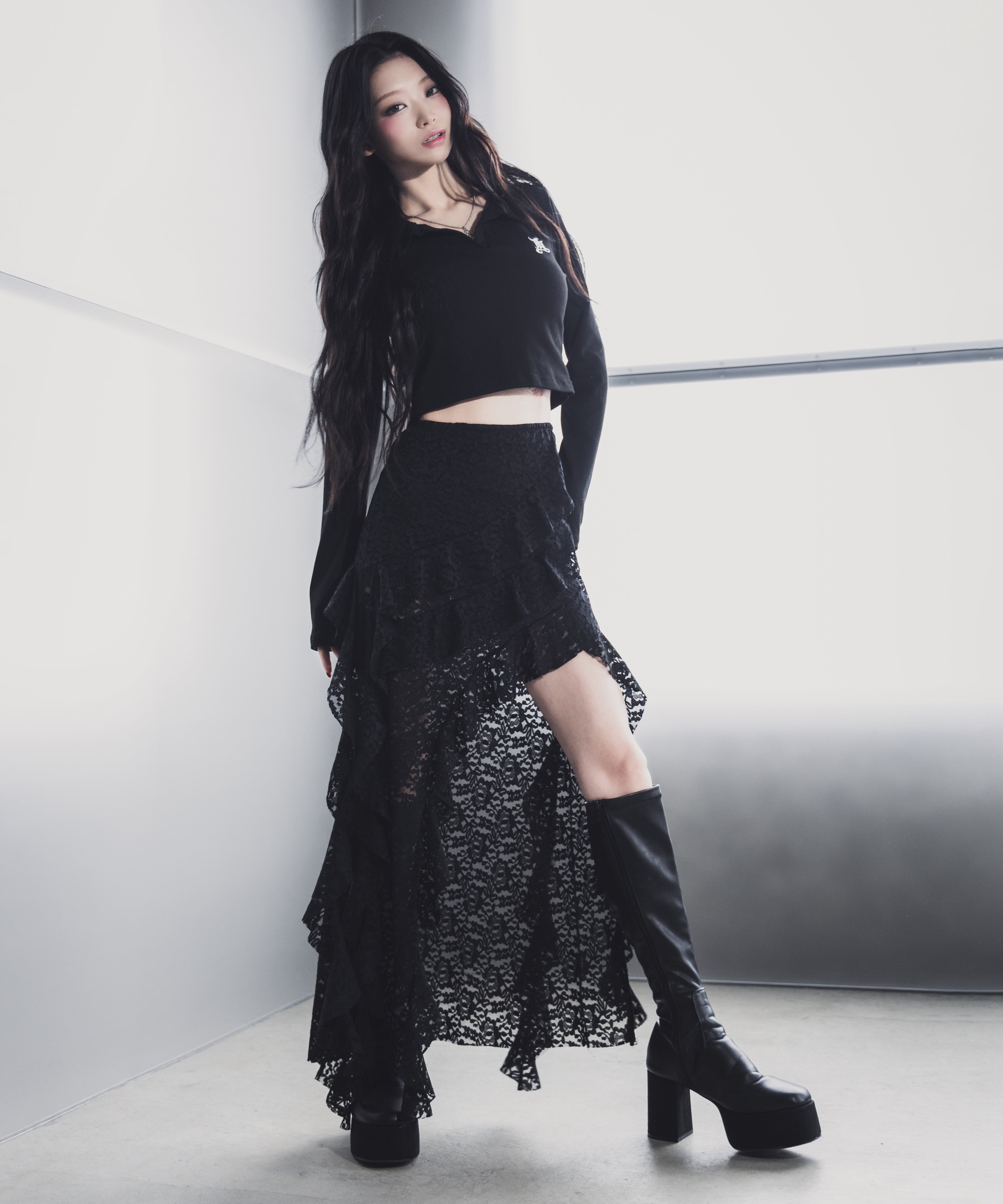 【 裏地付 】アシンメトリーフリルレーススリットロングスカート / asymmetry frill lace slit long skirt