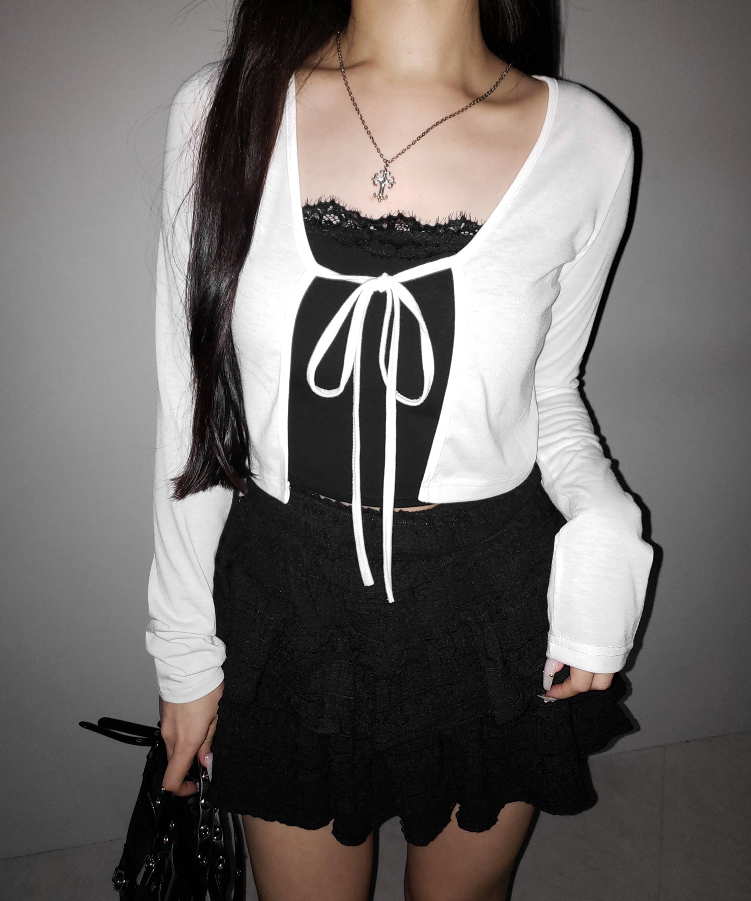【 2color 】フロントリボンカットソーショートカーディガン / front ribbon cutsew short cardigan
