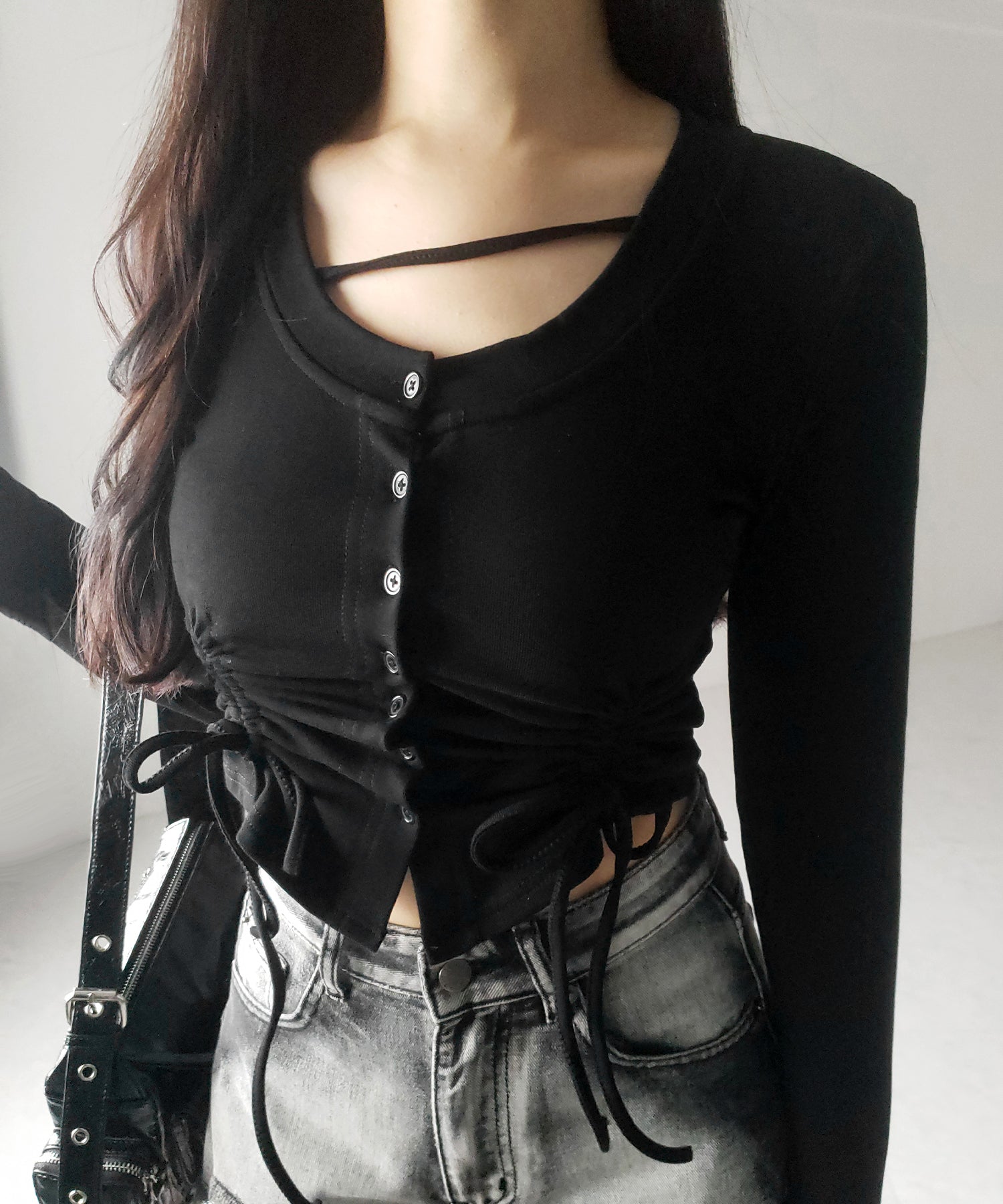 【 2color / 裏起毛 】ナナメストラップダブルシャーリングリボントップス / naname strap double shirring ribbon tops
