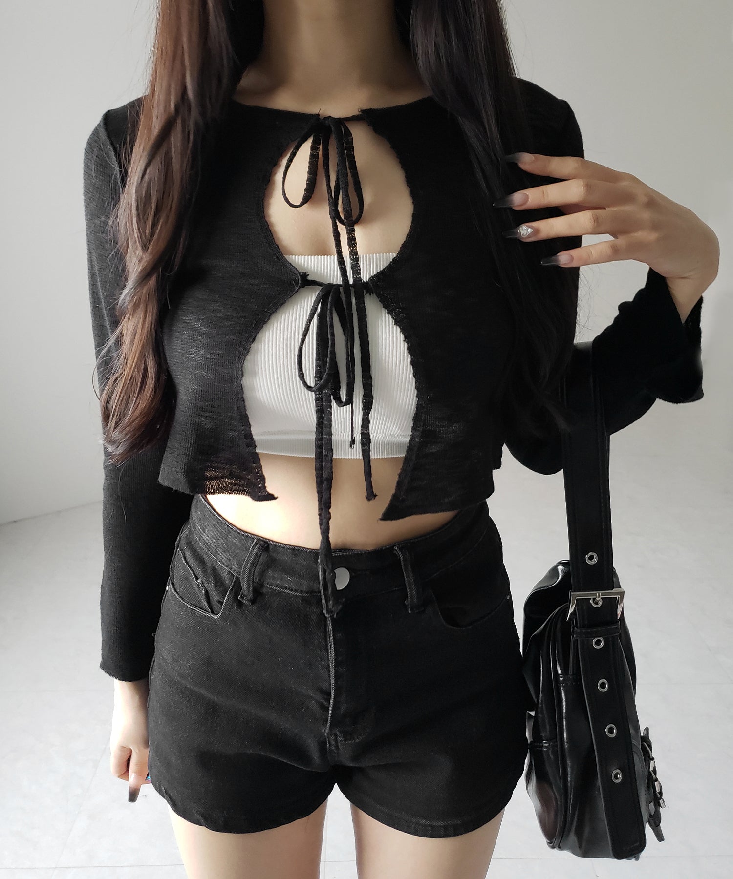 ダブルリボンシアーニットショートカーディガン / double ribbon sheer knit short cardigan