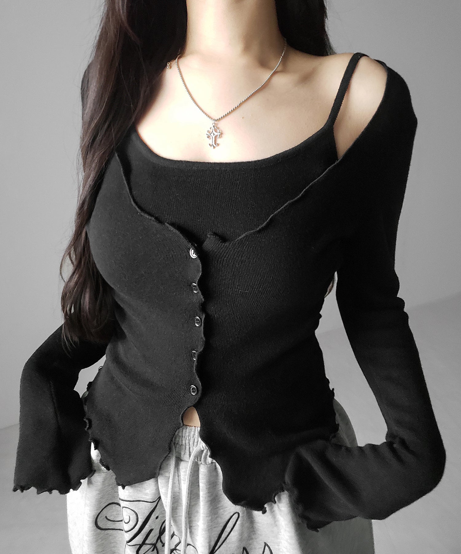 レイヤード風メロースリムニットカーディガン / layered mellow slim knit cardigan