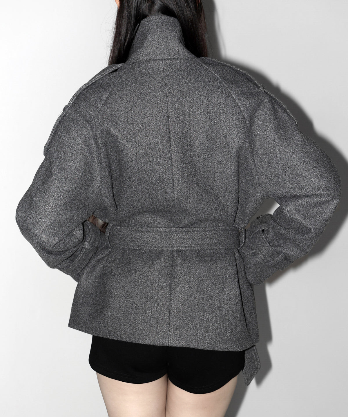 【 ウエストベルト付き 】スタンドネック ダブルブレスト ウールライクメルトンピーコート / Stand neck double-breasted wool-like melton pea coat