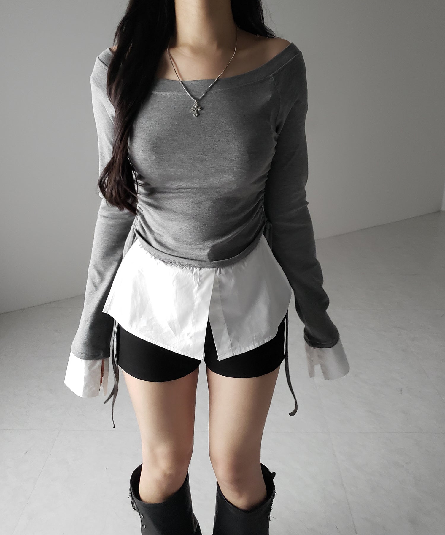 【 2WAY 】シャツドッキングサイドリボンワンショルトップス /shirt docking side ribbon oneshoulder tops