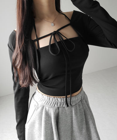 【 2点セット 】フロントリボン長袖ショートカーディガン+ ホルターキャミソール SET / front ribbon longsleeve short cardigan + halter camisole SET