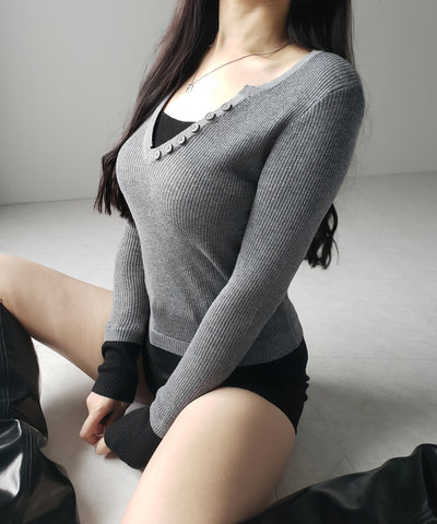 フェイクレイヤードスリムリブニットトップス / Fake layered slim rib knit tops
