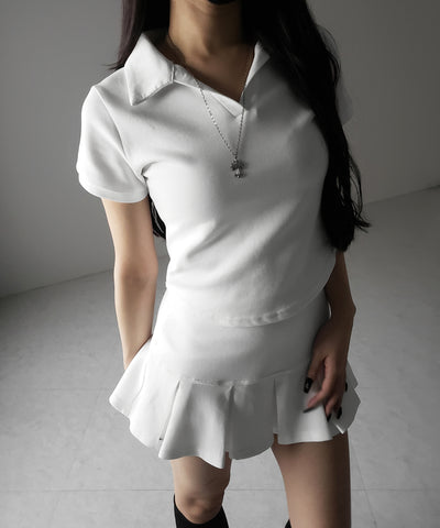 【 2点セット 】スキッパーネック半袖Tシャツ & プリーツミニスカート ワンホンセットアップ / skipper neck short sleeve T-shirt & pleated mini skirt wanghong setup