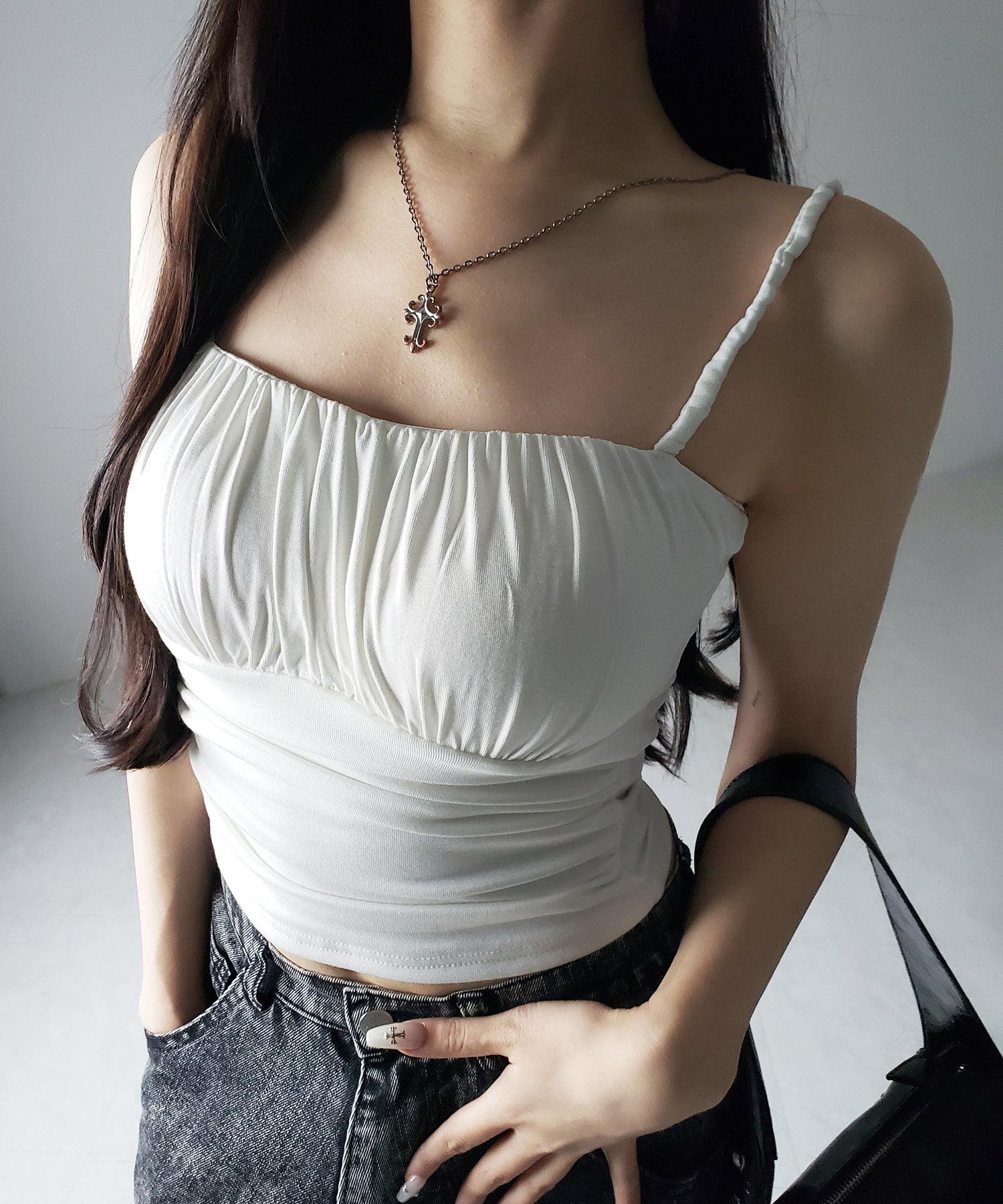 【 3color / カップ付き 】シャーリングギャザードレープキャミソール /shirring gather drape camisole