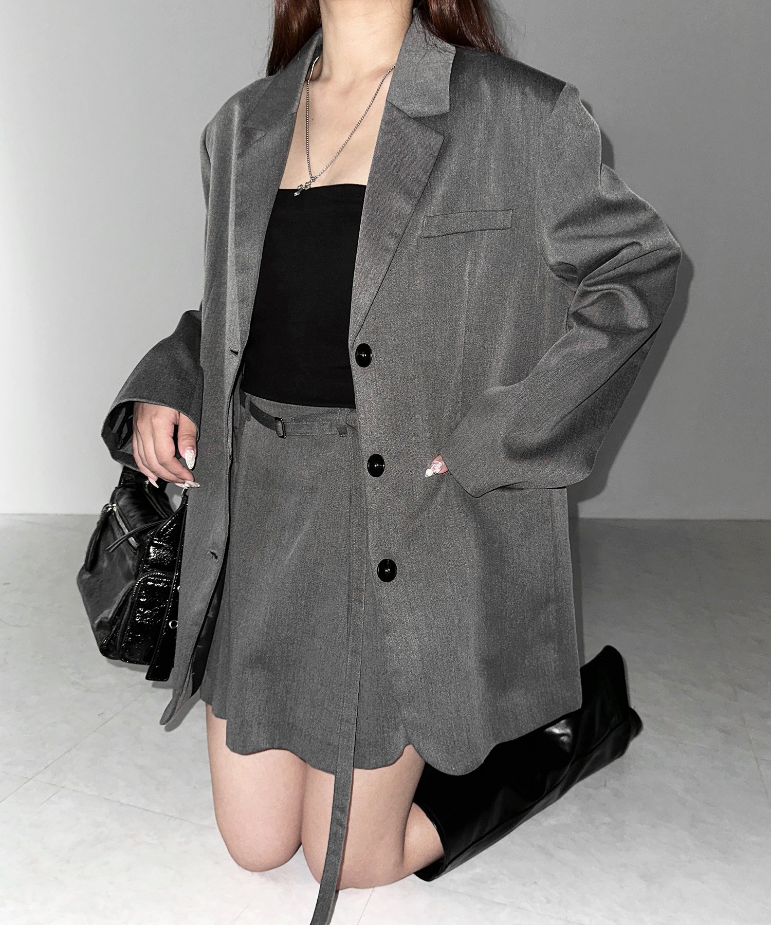 【 セットアップ 】オーバーサイズテーラードジャケット & ハイウエストミニスカパン SET / oversize tailored jacket & high waist mini skirt pants SET